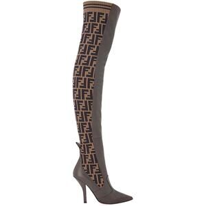 Fendi Rockoko Brown FF Logo Stretch Knit Sock Thigh High OTK Heel Pump Boot 35
